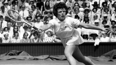 PHOTO: American tennis player Billie Jean King in action during a semi final in the women's singles championship at Wimbledon.