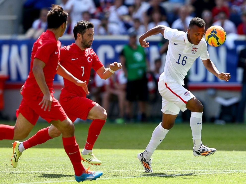 PHOTO: Julian Green of United States takes the ball as defenders from the Turkey team pursue during an friendly match at Red Bull Arena on June 1, 2014 in Harrison, New Jersey.