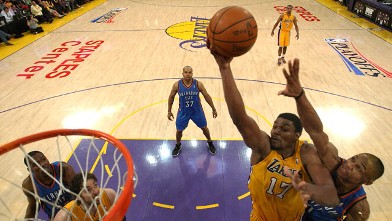PHOTO: Andrew Bynum, #17 of the Los Angeles Lakers goes up for a shot in the second half in game four of the Western Conference Semifinals in Los Angeles, Ca., May 19, 2012.