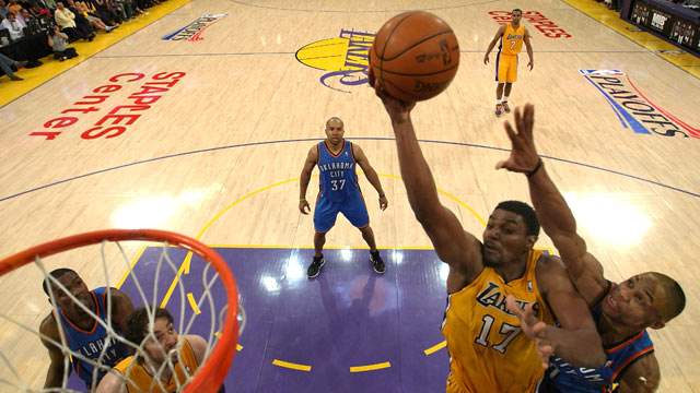 PHOTO: Andrew Bynum, #17 of the Los Angeles Lakers goes up for a shot in the second half in game four of the Western Conference Semifinals in Los Angeles, Ca., May 19, 2012.