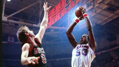 PHOTO: Darryl Dawkins, of the Philadelphia 76ers shoots during an NBA basketball game at the Spectrum Philadelphia, Penn., during the 1981 season.