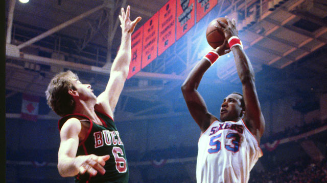 PHOTO: Darryl Dawkins, of the Philadelphia 76ers shoots during an NBA basketball game at the Spectrum Philadelphia, Penn., during the 1981 season.