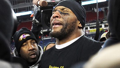 PHOTO: Ravens linebacker Ray Lewis is overcome with emotion at midfield after the Baltimore victory as the New England Patriots hosted the Baltimore Ravens in the AFC Championship Game at Gillette Stadium.