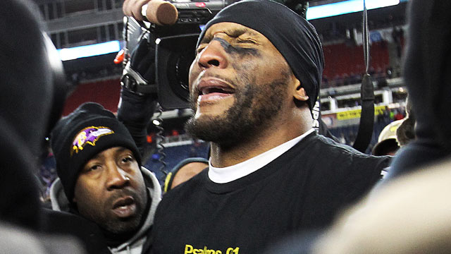 PHOTO: Ravens linebacker Ray Lewis is overcome with emotion at midfield after the Baltimore victory as the New England Patriots hosted the Baltimore Ravens in the AFC Championship Game at Gillette Stadium.