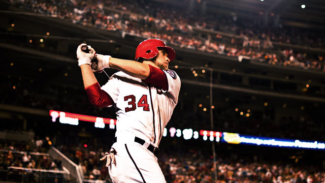 PHOTO: Bryce Harper, of the Washington Nationals looks on during the game against the Philadelphia Phillies in Washington, DC, May 4, 2012.