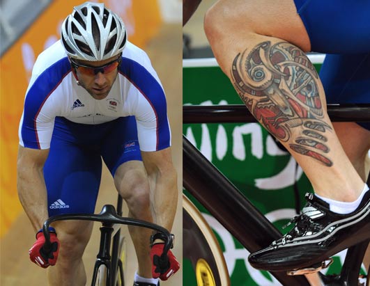  it off proudly on his lower leg during a track cycling training session.