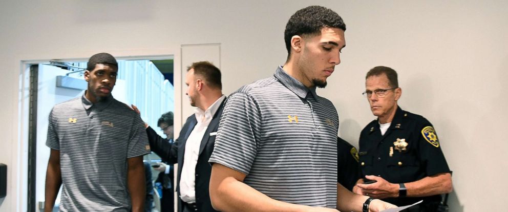 PHOTO: UCLA basketball players Cody Riley, left, and LiAngelo Ball walk into a room at Pauley Pavilion to give statements about their arrests in China during a press conference, Nov. 15, 2017, in Los Angeles. 