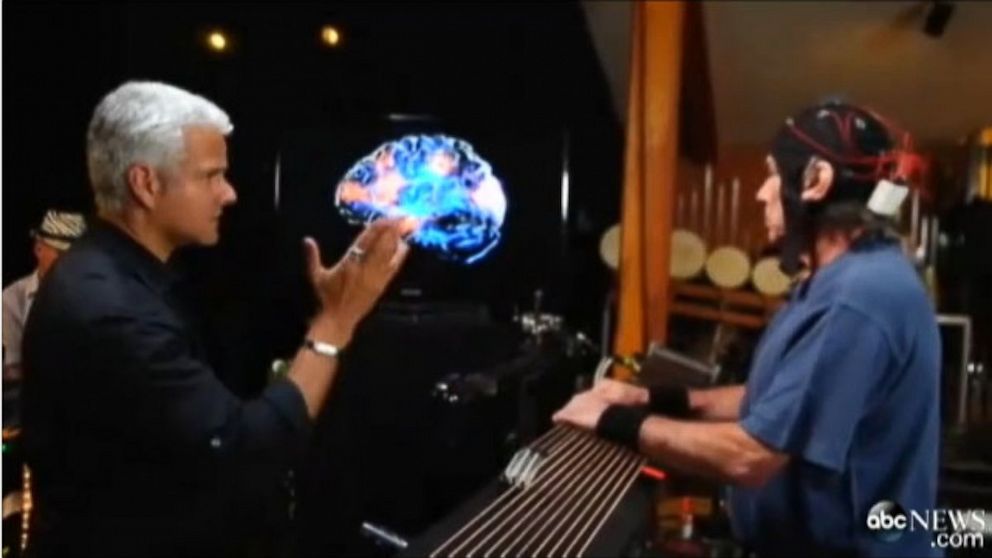 PHOTO: Drummer Mickey Hart wears a specialized EEG helmet to figure out how drum rhythms affect the brains rhythms.