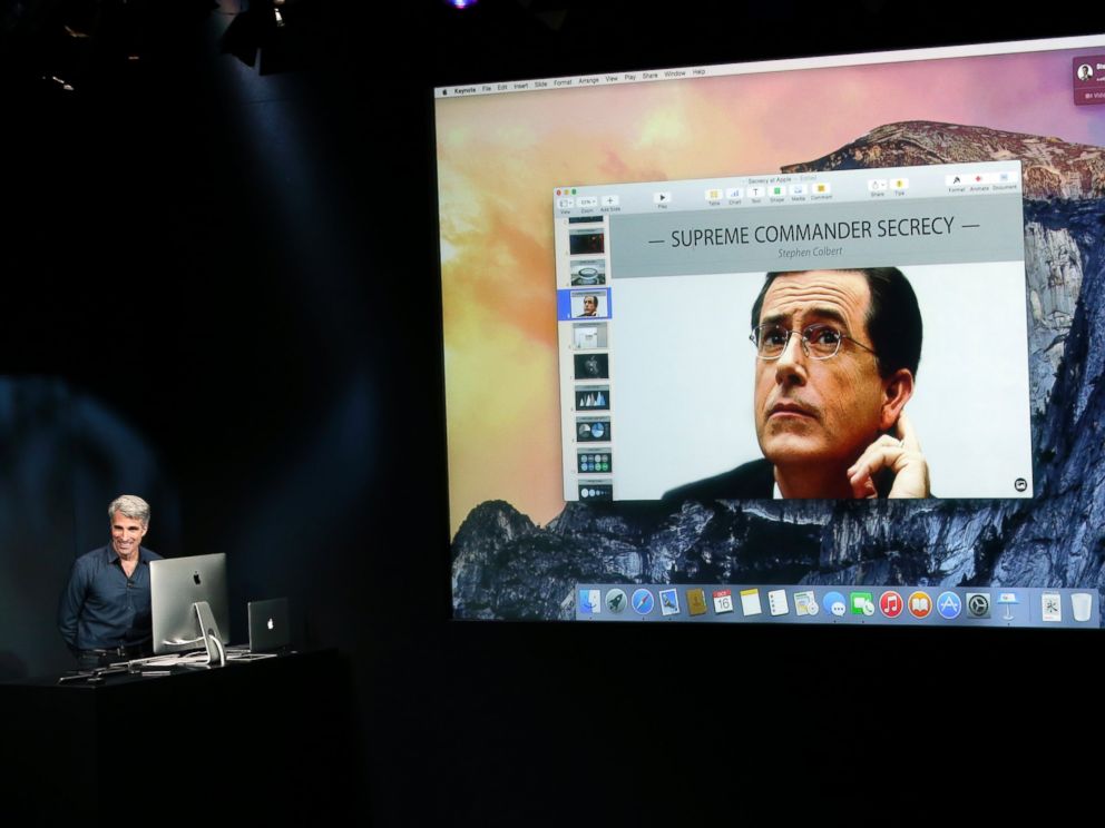 PHOTO: Craig Federighi, senior vice president of Software Engineering at Apple, far left, has a video chat with Stephen Colbert as he discusses the new operating system update during an event at Apple headquarters on Oct. 16, 2014 in Cupertino, Calif.
