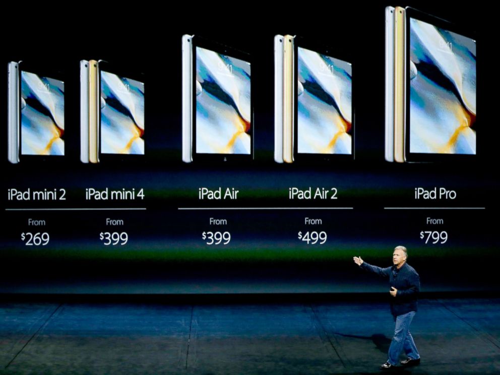 PHOTO: Phil Schiller, Apples senior vice president of worldwide marketing, discusses the pricing for the iPad lineup during the Apple event at the Bill Graham Civic Auditorium in San Francisco, Sept. 9, 2015.