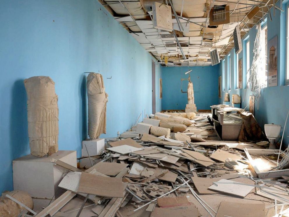 PHOTO: This photo released by the Syrian official news agency SANA shows destroyed statues at the damaged Palmyra Museum, in Palmyra city, central Syria.