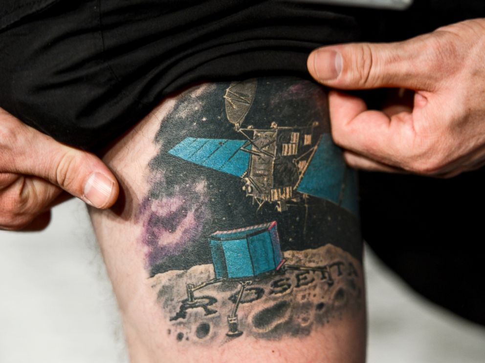 PHOTO: ESA physicist Matt Taylor shows his Rosetta tattoo at the satellite control center of the European Space Agency (ESA) in Darmstadt, Germany, Nov. 12, 2014.