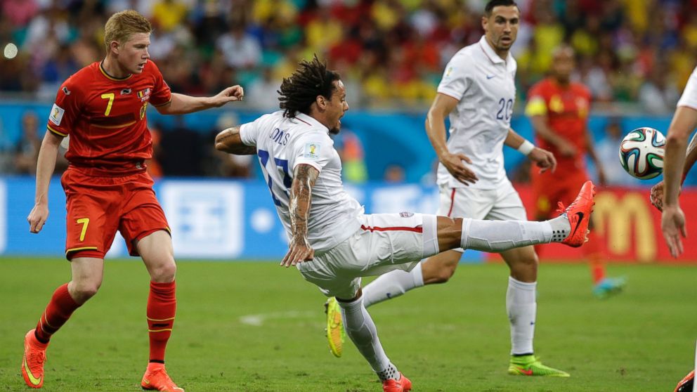 PHOTO: United States Jermaine Jones, right, clears the ball from Belgiums Kevin De Bruyne during the World Cup round of 16 soccer match between Belgium and the U.S. at the Arena Fonte Nova in Salvador, Brazil, July 1, 2014.