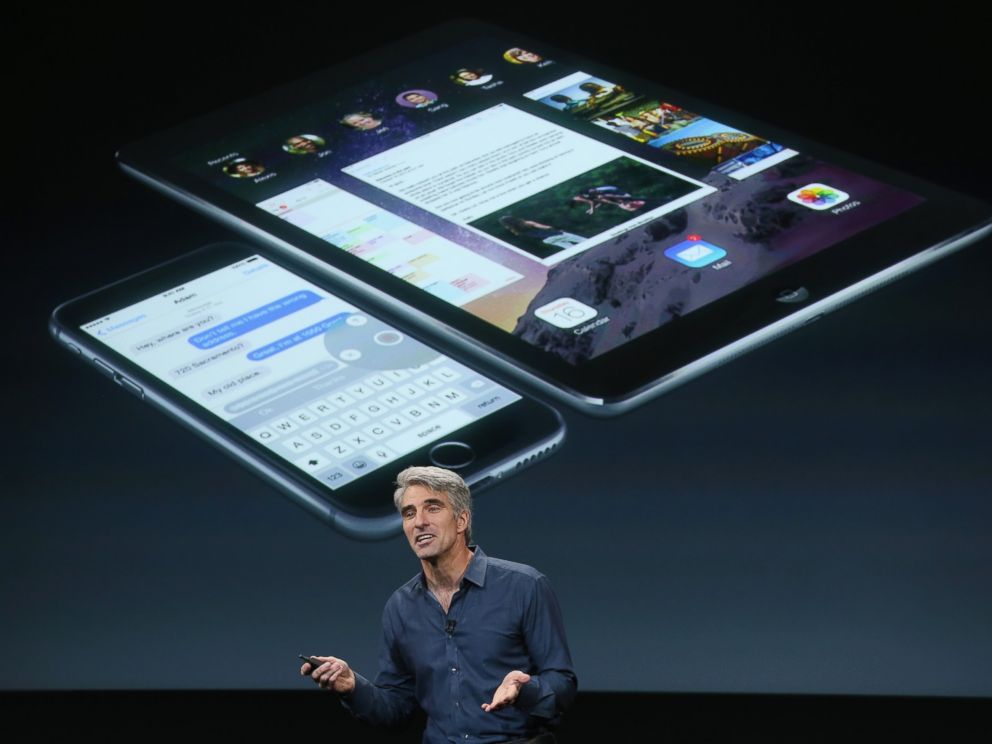 PHOTO: Apples Senior Vice President of Software Engineering Craig Federighi speaks during an event introducing new iPads at Apples headquarters Oct. 16, 2014 in Cupertino, Calif.