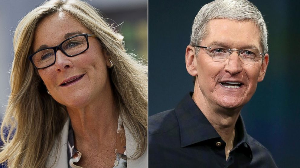 PHOTO: Angela Ahrendts, left, is pictured in Palo Alto, Calif. on Sept. 19, 2014. Tim Cook, right, is pictured in Cupertino, Calif. on Oct. 16, 2014.