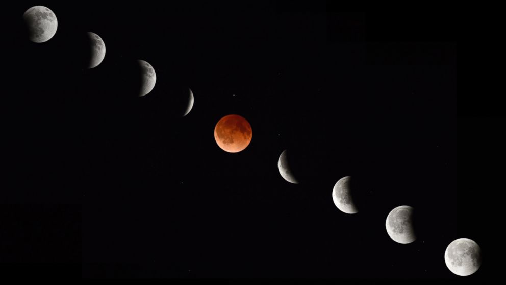 PHOTO: In this composite photograph, the moon during various phases of a total lunar eclipse 