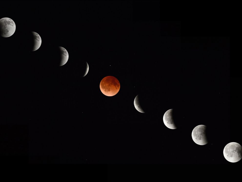 PHOTO: In this composite photograph, the moon during various phases of a total lunar eclipse 