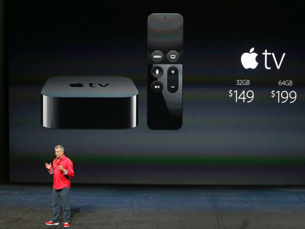 PHOTO: Eddie Cue, Apples senior vice president of Internet Software and Services, discusses Apple TV pricing during an Apple media event in San Francisco, Sept. 9, 2015.