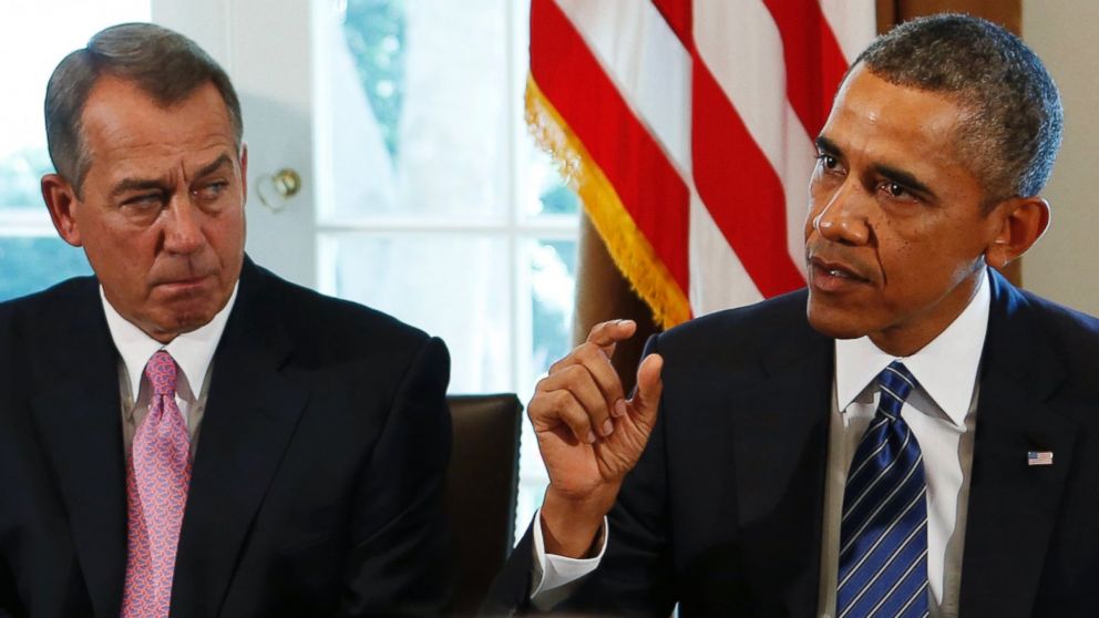 PHOTO: Speaker of the House John Boehner listens to President Barack Obama at a meeting with bipartisan Congressional leaders in washington