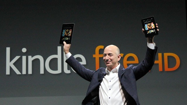 PHOTO: Amazon CEO Jeff Bezos announces new versions of the company's Kindle Fire tablet, Sept. 6, 2012 in Santa Monica, Calif.