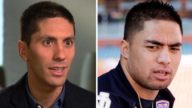 PHOTO: Nev Schulman, left, talks with Elizabeth Vargas on "Good Morning America." Notre Dame linebacker Manti Teo answers a question during Media Day for the BCS National Championship college football game, Jan. 5, 2013, in Miami.