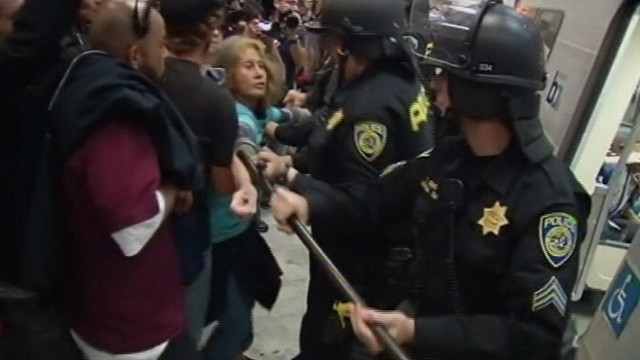 VIDEO: Demonstrators took issue with cell phone service being cut off at some stations.