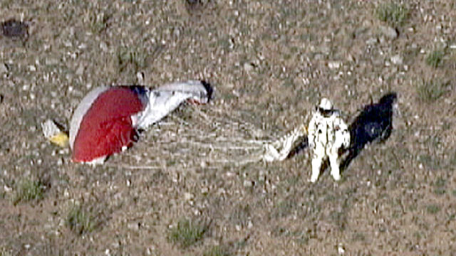 PHOTO: Felix Baumgartner is shown upon landing from his 18-mile dive back to Earth from the edge of space, in a plummet that reached a speed of 600 mph in 20 seconds.