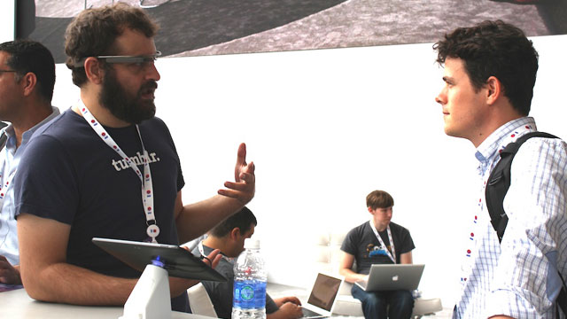 PHOTO: A Tumblr employee demos Tumblrs Glass app at Googles I/O 2013 conference.
