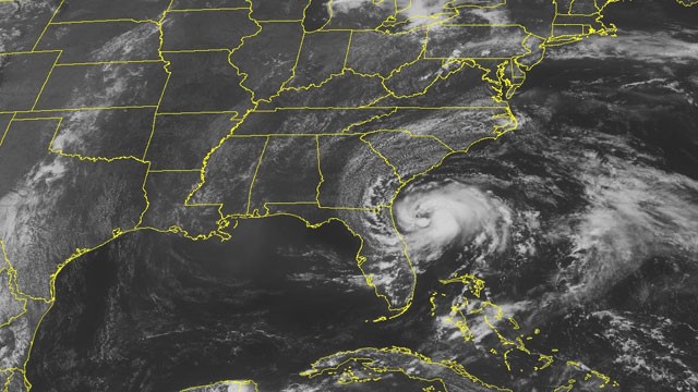 PHOTO: This NOAA satellite image taken Sunday, May 27, 2012 at 01:45 PM EDT shows Tropical Storm Beryl spinning about 110 miles east of Jacksonville, Fla.