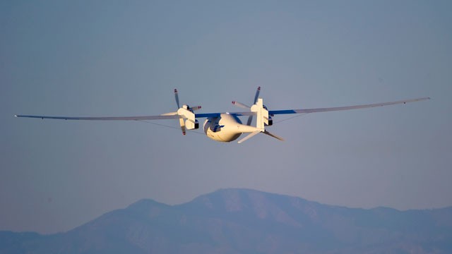 PHOTO: The new Boeing Phantom Eye unmanned drone, designed to stay airborne for days, travels on its first autonomous flight at the NASA Dryden Flight Research Center at Edwards Air Force Base, Calif.