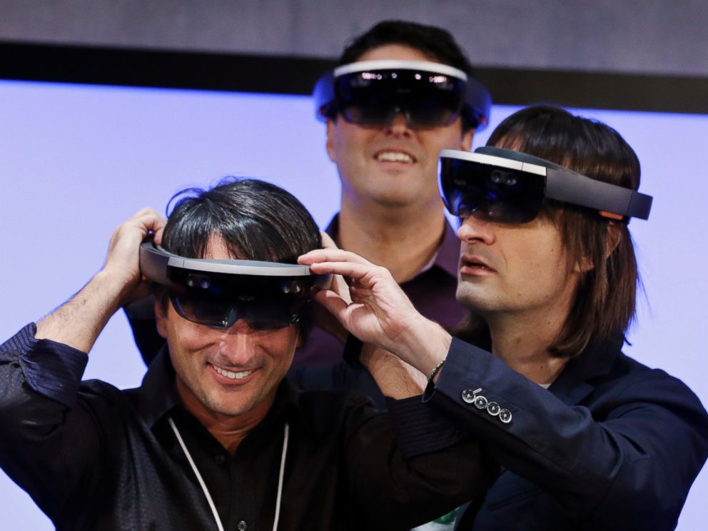 PHOTO: Microsofts Joe Belfiore smiles as he tries on a Hololens device following an event demonstrating new features of Windows 10 at the companys headquarters on Jan. 21, 2015, in Redmond, Wash.