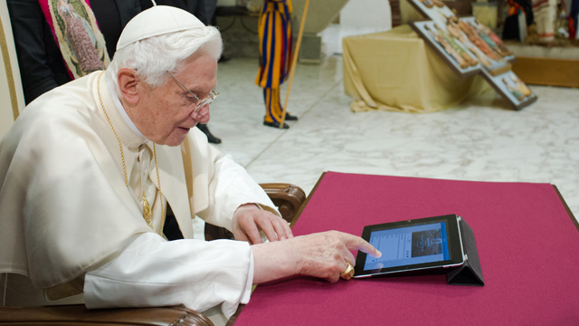 PHOTO: In this photo provided by the Vatican newspaper LOsservatore Romano, Pope Benedict XVI pushes a button on a tablet at the Vatican, Dec. 12, 2012.