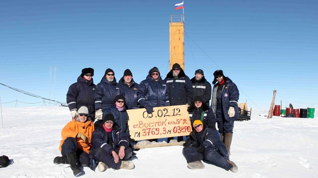 PHOTO: Russian researchers at the Vostok station in Antarctica pose for a picture after reaching subglacial Lake Vostok, Feb. 5, 2012.