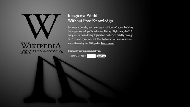 PHOTO: This screen shot shows the blacked-out Wikipedia website, announcing a 24-hour protest against proposed legislation in the U.S. Congress, intended to protect intellectual property that critics say could facilitate censorship, referred to as the "St