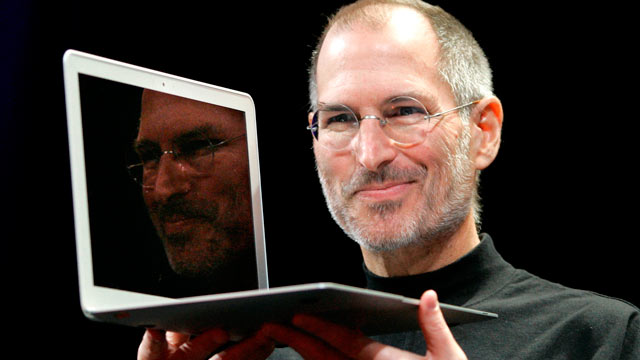 PHOTO: In this Jan. 15, 2008, file photo, Apple CEO Steve Jobs holds up the new MacBook Air after giving the keynote address at the Apple MacWorld Conference in San Francisco.