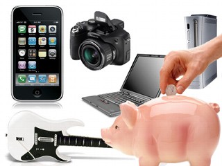 Piggy bank, iPhone, camera, cheap electronics