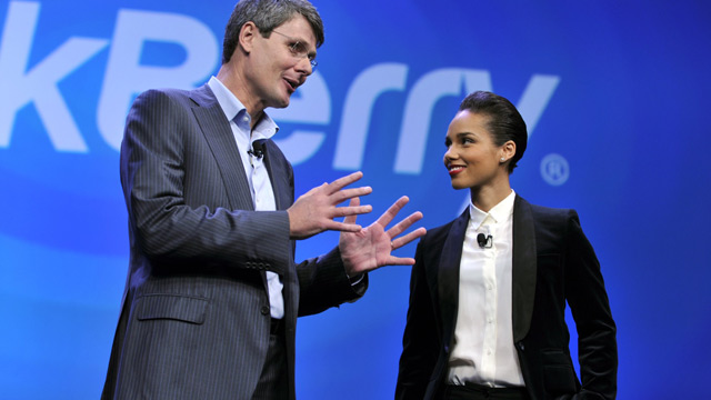 PHOTO: Blackberry, formerly Research in Motion CEO Thorsten Heins, and singer Alicia Keys officially unveil the BlackBerry 10 mobile platform as well as two new devices January 30, 2013 at the New York City Launch at Pier 36.