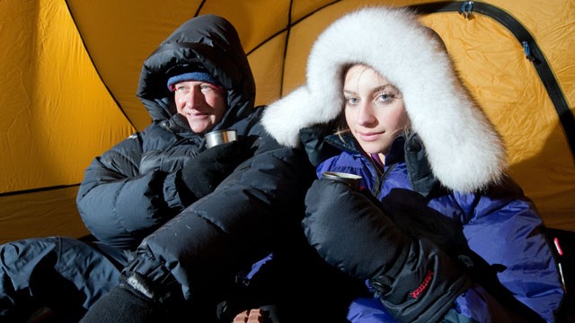 PHOTO: British explorer David Hempleman-Adams, left, and his daughter Amelia Hempleman-Adams pose for photographs in a tent inside a frozen food storage facility in Swindon, Nov. 11, 2011 as they prepare to attempt to ski to the South Pole.