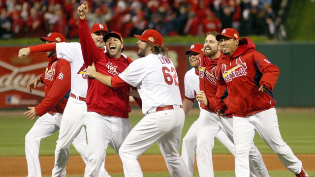 PHOTO: Lance Lynn #62 and the St. Louis Cardinals celebrate after defeating the Texas Rangers 6-2 to win the World Series in Game Seven of the MLB World Series at Busch Stadium, Oct. 28, 2011 in St Louis, Missouri.