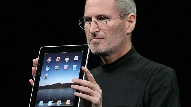 PHOTO: Apple Inc. CEO Steve Jobs holds up the new iPad as he speaks during an Apple Special Event at Yerba Buena Center for the Arts, San Francisco, Cali., Jan. 27, 2010.