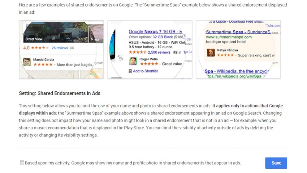 PHOTO: Googles shared endorsement settings.