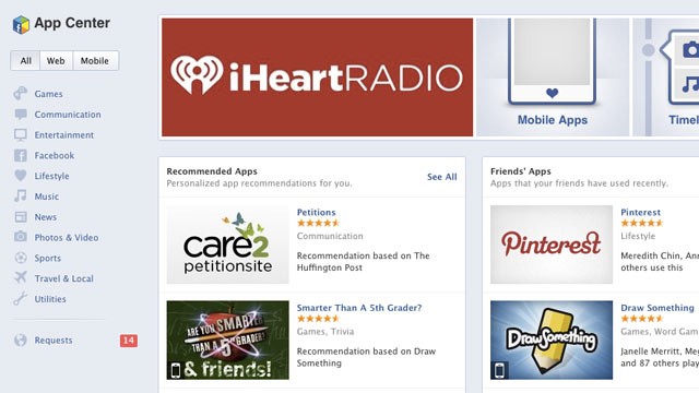 PHOTO: Facebook's App Center, released on June 7, 2012, contains Facebook apps and makes it easy to discover new apps.