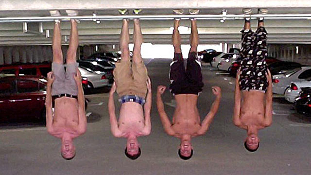PHOTO: A group of Purdue University students call themselves the Batman Boilers and are pictured here in a parking garage showing off their new trend, "Batmanning."