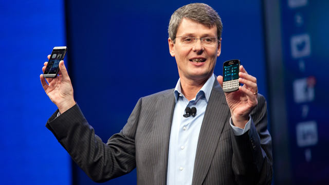 PHOTO: CEO of BlackBerry Thorsten Heins presents the BlackBerry Z10 and Q10 phones.