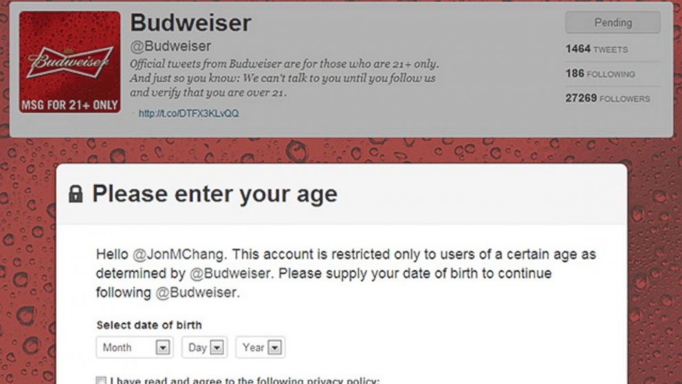 PHOTO: Popular booze brands are now asking their Twitter account followers to prove their age.