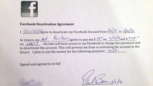 PHOTO: The agreement created by Paul Baier, which states that his daughter will will stay off Facebook for five months in exchange for $200.