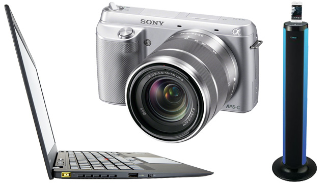 PHOTO: Lenovo's ThinkPad X1 ultrabook, Sony's Alpha NEX-F3 is a micro four thirds camera and iHome's iP76 light-up speaker tower