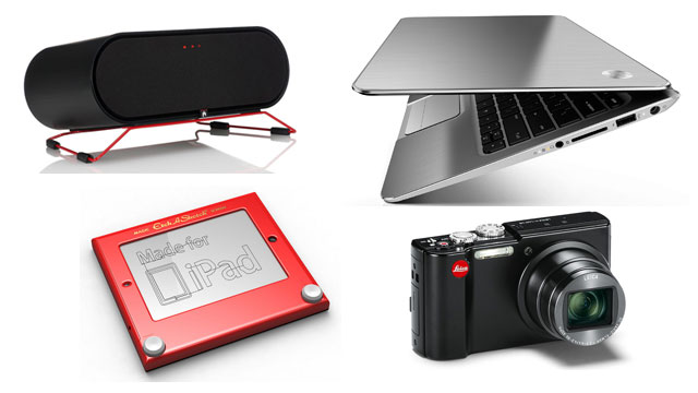 PHOTO: Clockwise from top left: Aperion ARIS speaker, HP Envy Spectre XT, Lecia V Lux 40 point and shoot camera, Etcher.