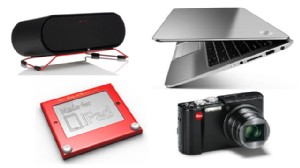 PHOTO:&nbsp;Clockwise from top left: Aperion ARIS speaker, HP Envy Spectre XT, Lecia V Lux 40 point and shoot camera, Etcher.