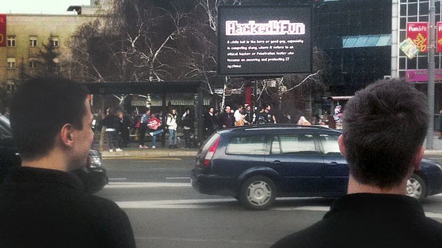PHOTO: Two hackers were able to take over a billboard with their iphones and play space invaders, in Belgrade, Serbia.